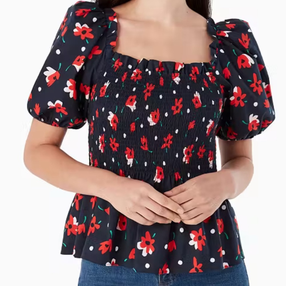 Kate Spade Whimsy Floral Puff Sleeve Top - Navy and Red NWOT - Picture 5 of 7